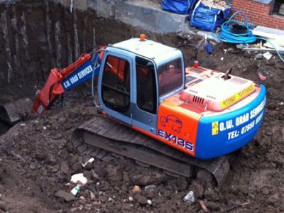 Mini digger excavating soil on a construction site